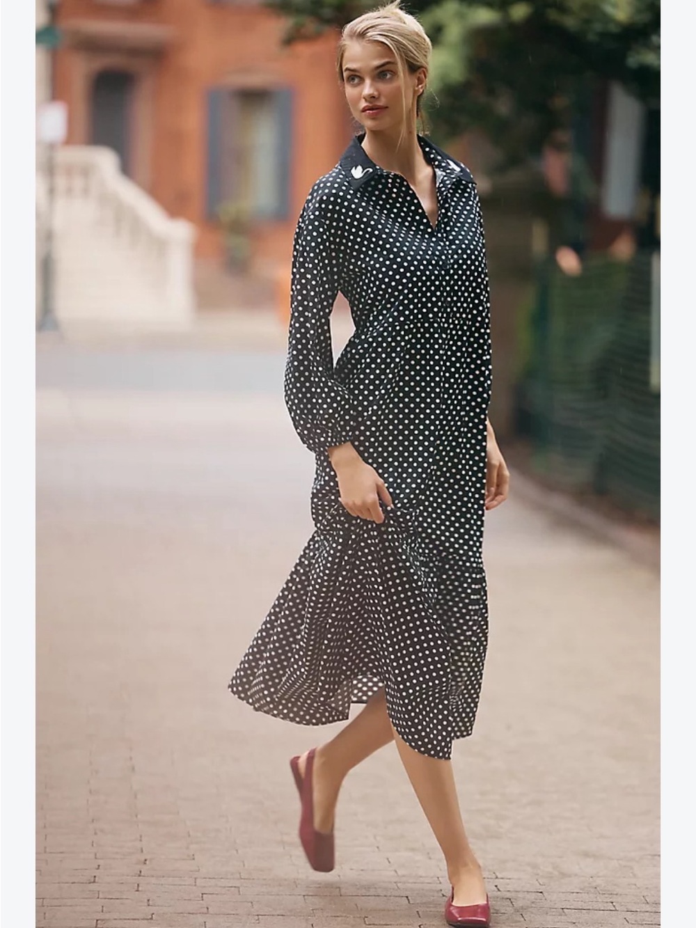 Anthropologie Maeve Black Polka Dot Swan Bettina Long Sleeve Midi Dress NWT